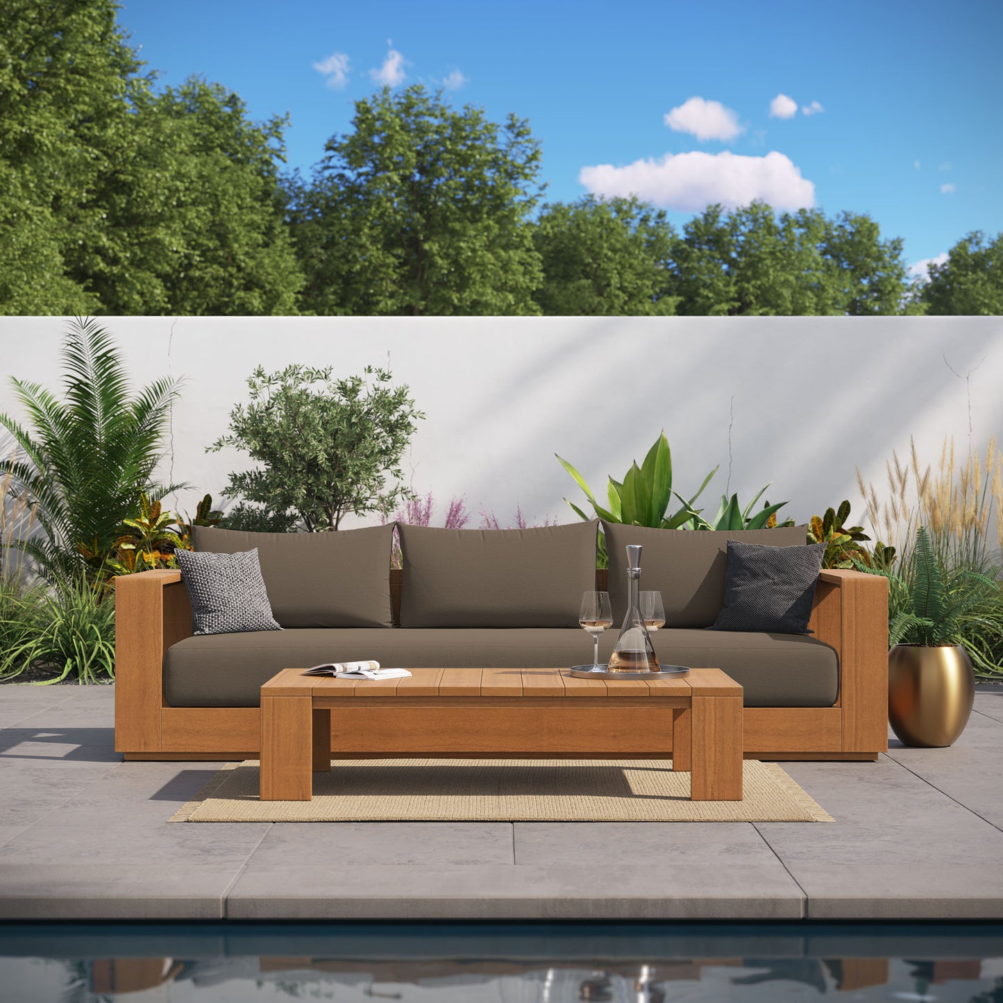 Tahoe 2-Piece Outdoor Patio Acacia Wood Sofa and Coffee Table Set in Natural Cocoa by Modway (6799)