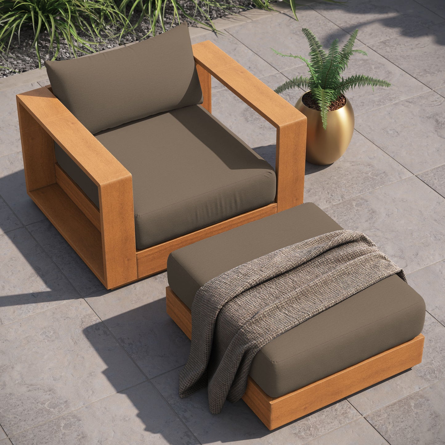 Tahoe 2-Piece Outdoor Patio Acacia Wood Armchair and Ottoman Set in Natural Cocoa by Modway (6800)