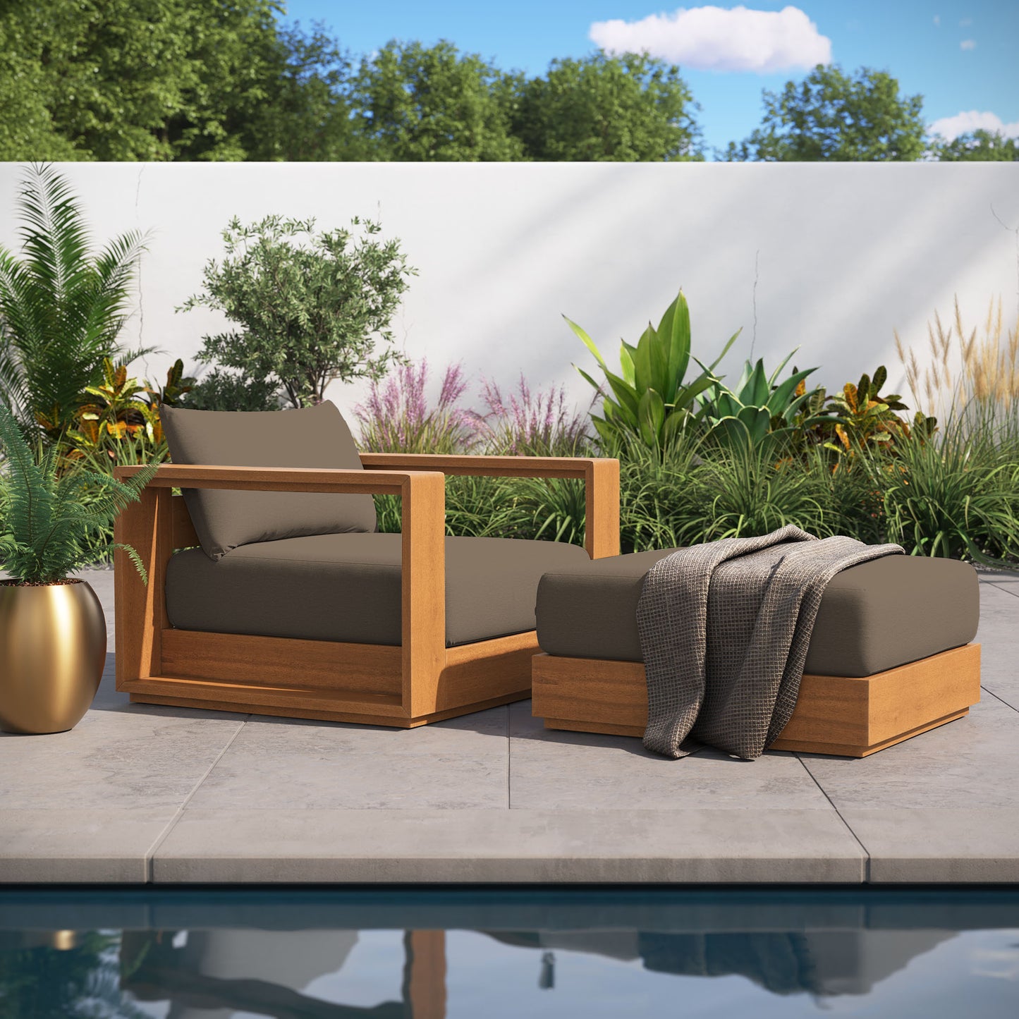 Tahoe 2-Piece Outdoor Patio Acacia Wood Armchair and Ottoman Set in Natural Cocoa by Modway (6800)
