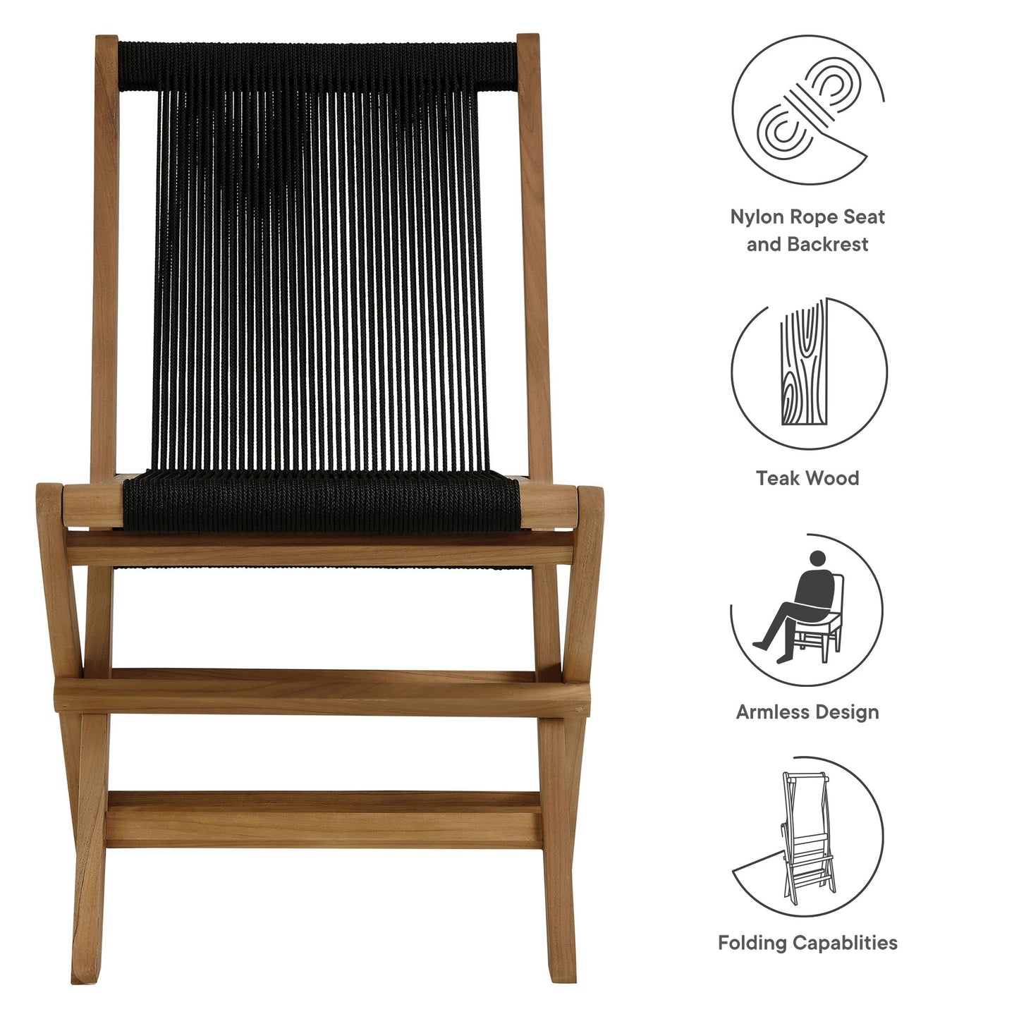 Vienna Outdoor Patio Teak and Rope Folding Chairs Set of 4 in Natural Black by Modway (6807)