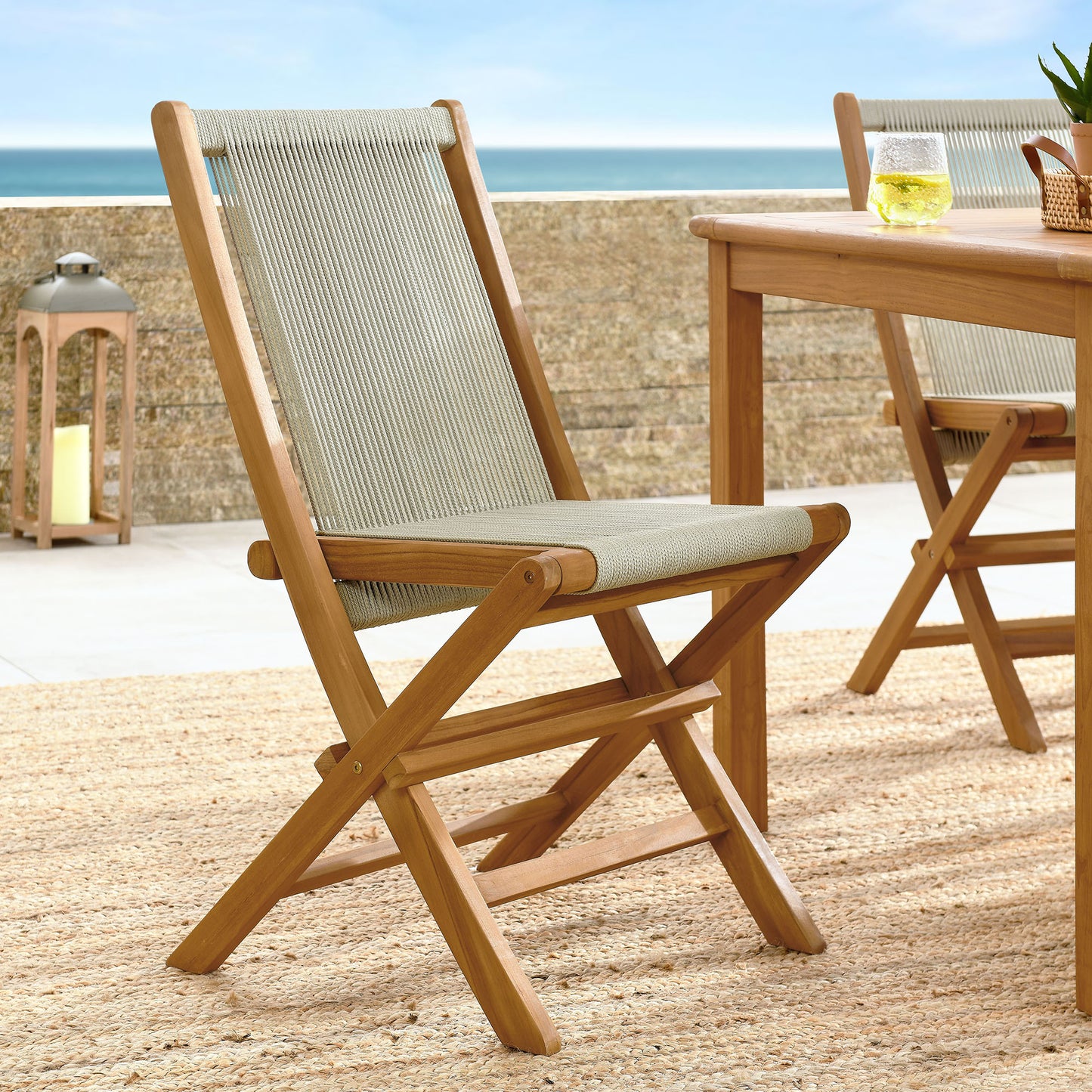 Vienna Outdoor Patio Teak and Rope Folding Chairs Set of 4 in Natural by Modway (6807)