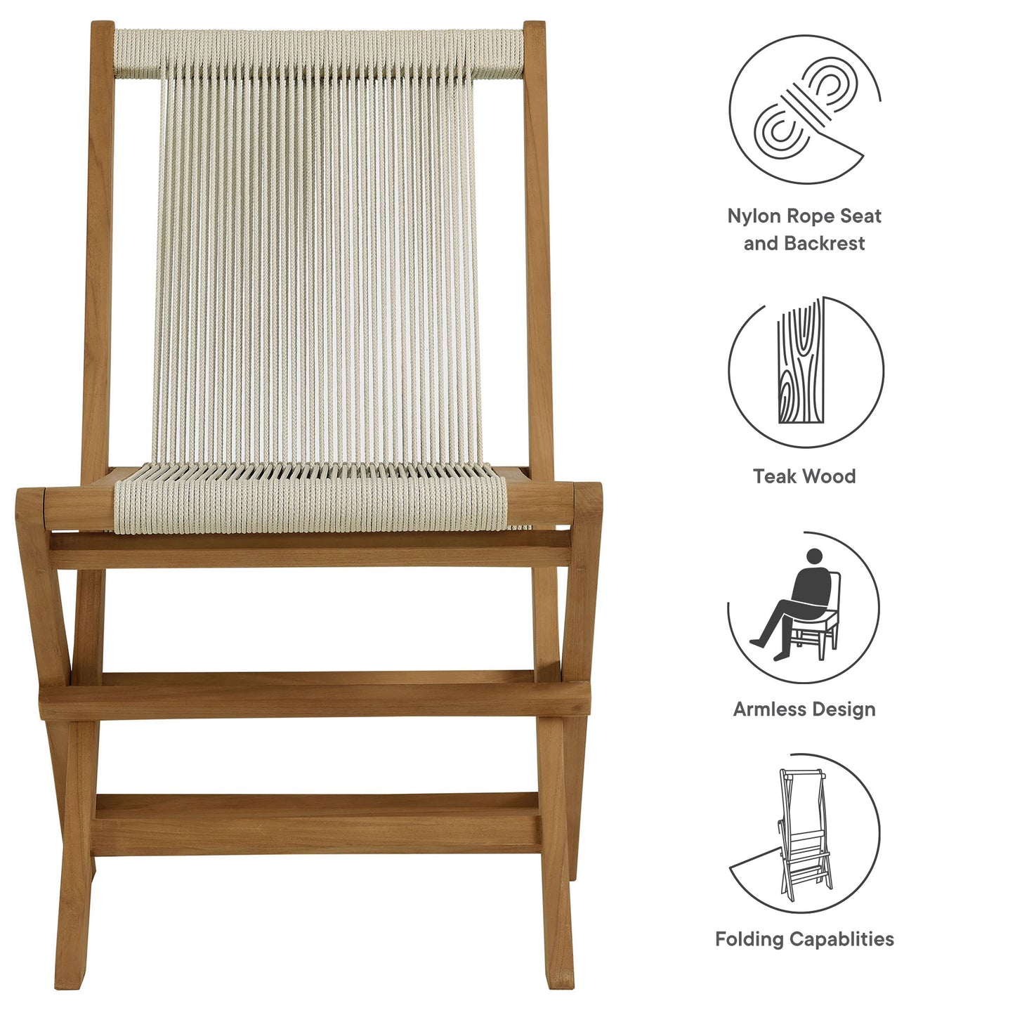Vienna Outdoor Patio Teak and Rope Folding Chairs Set of 4 in Natural by Modway (6807)