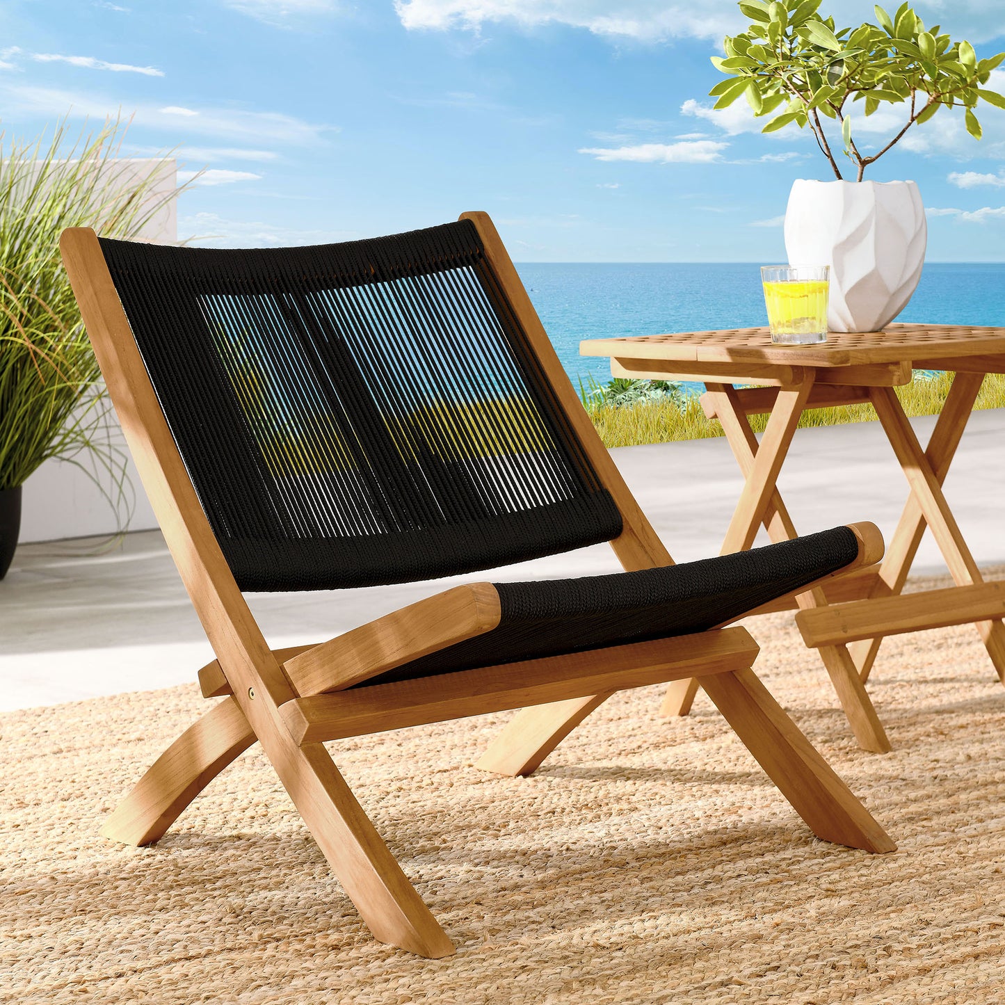 Vienna Outdoor Patio Teak and Rope Folding Accent Lounge Chair in Natural Black by Modway (6808)