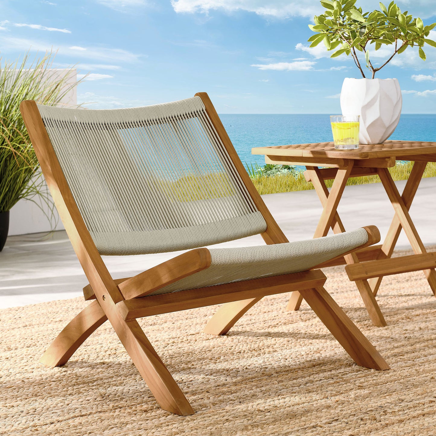 Vienna Outdoor Patio Teak and Rope Folding Accent Lounge Chair in Natural by Modway (6808)