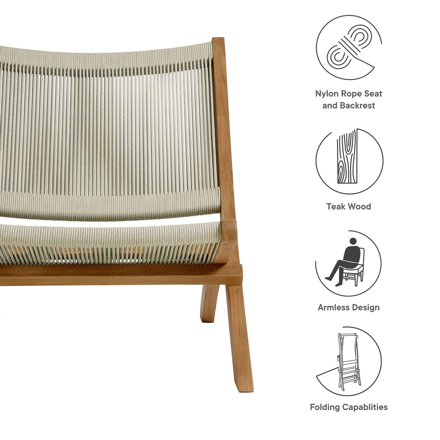 Vienna Outdoor Patio Teak and Rope Folding Accent Lounge Chair in Natural by Modway (6808)