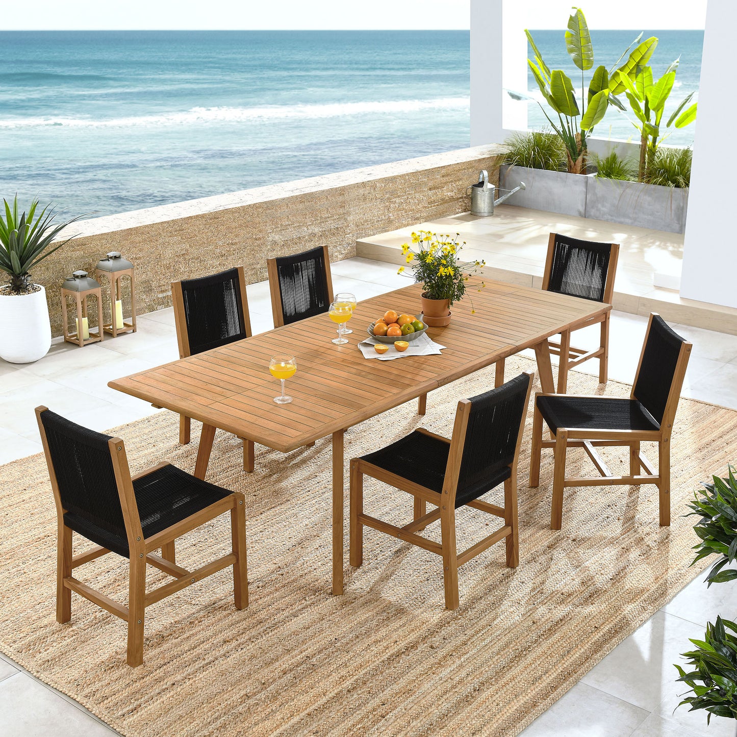 Vienna 7-Piece Outdoor Patio Teak and Rope Dining Set with Armless Chairs in Natural Black by Modway (6927)