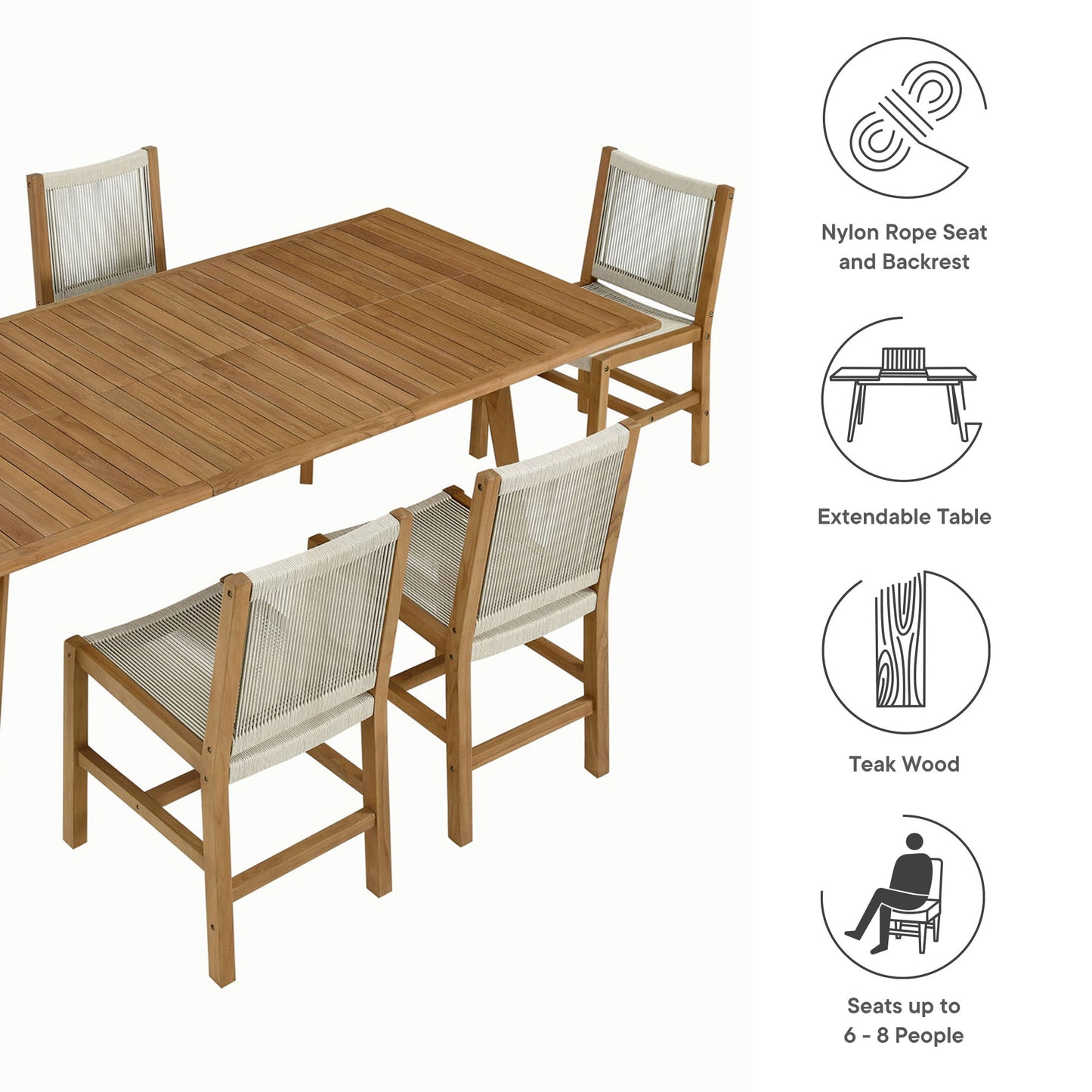 Vienna 7-Piece Outdoor Patio Teak and Rope Dining Set with Armless Chairs in Natural by Modway (6927)