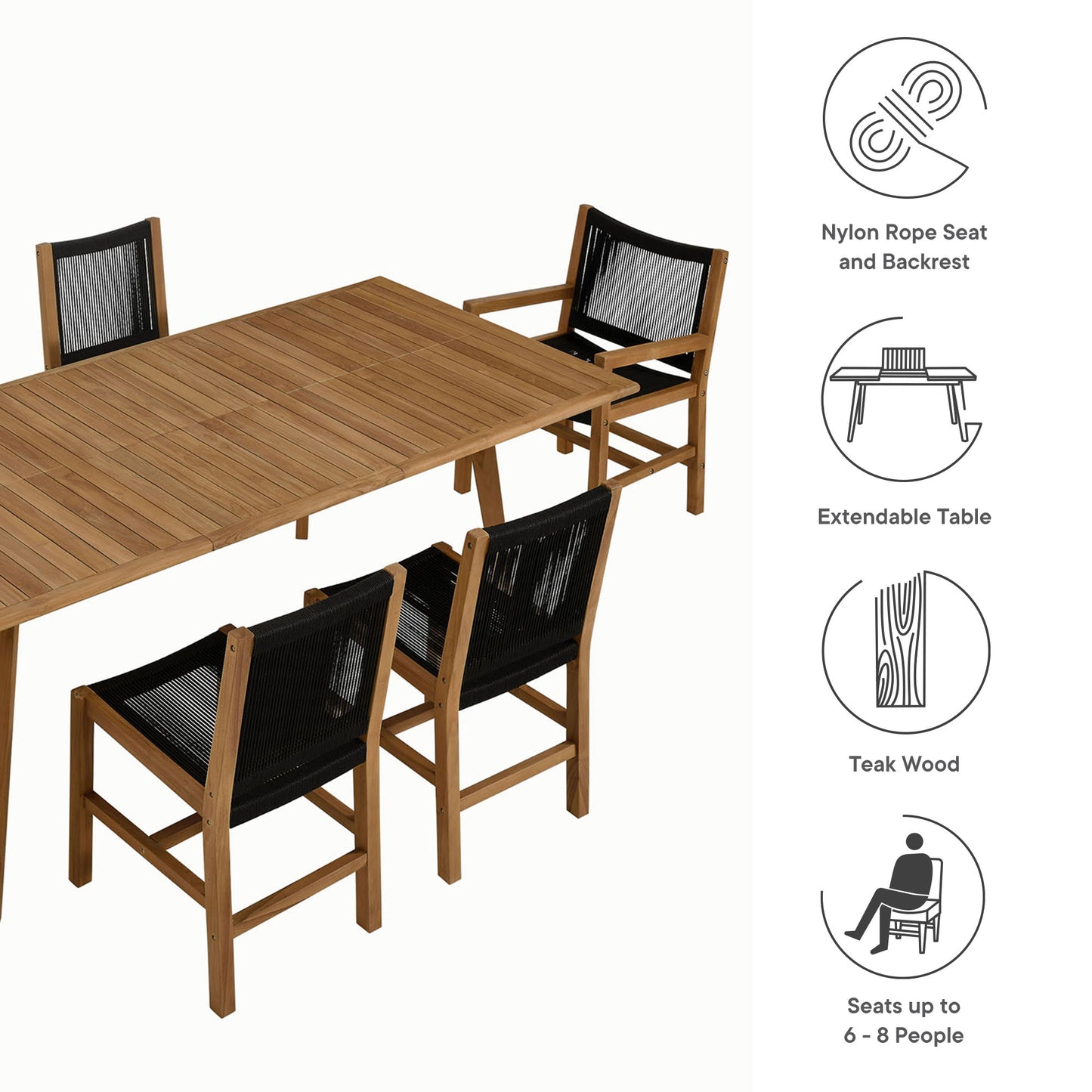 Vienna 7-Piece Outdoor Patio Teak and Rope Dining Set in Natural Black by Modway (6928)