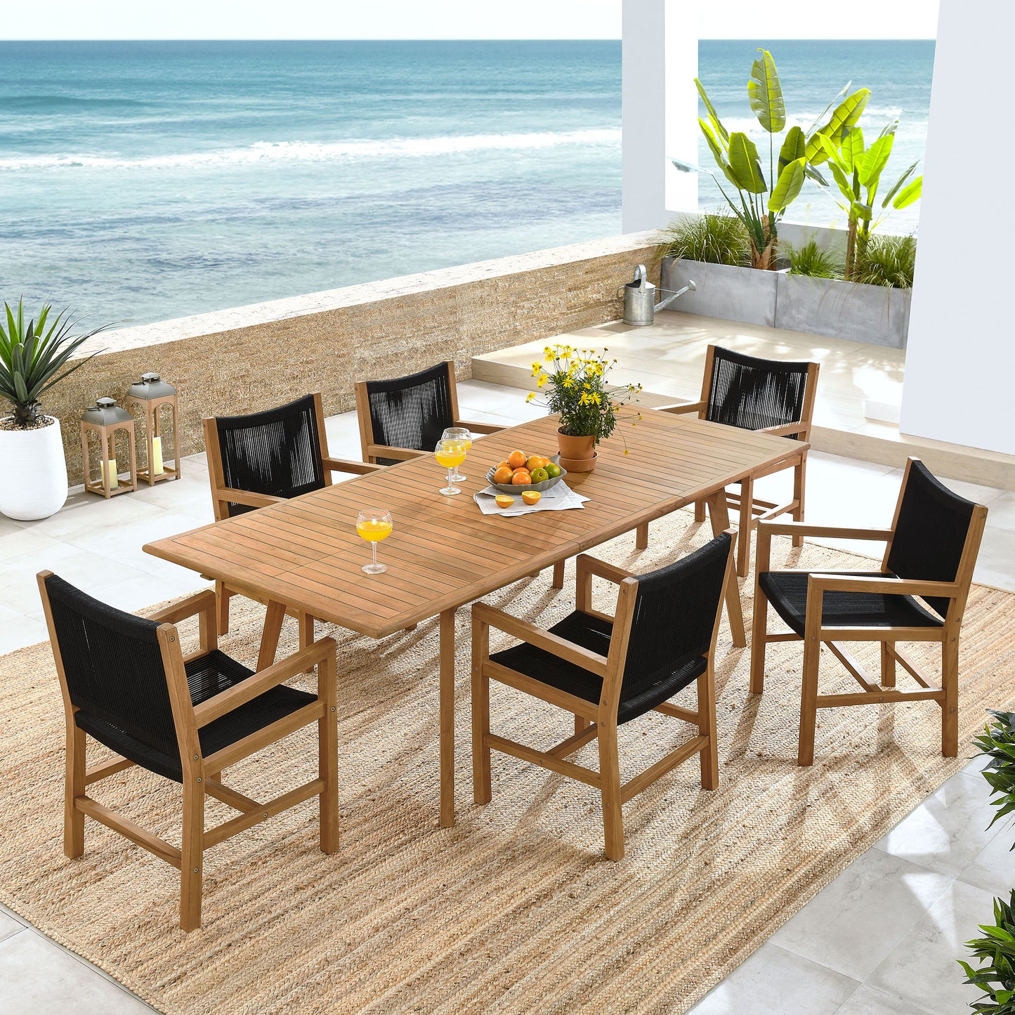 Vienna 7-Piece Outdoor Patio Teak and Rope Dining Set with Armchairs in Natural Black by Modway (6929)
