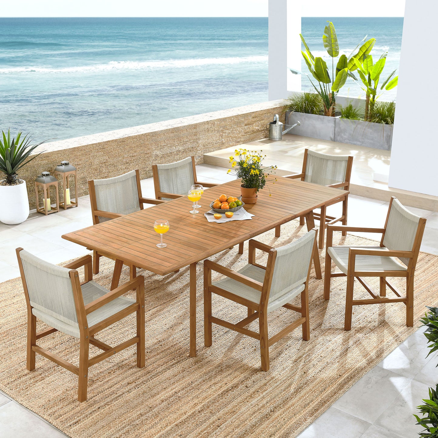 Vienna 7-Piece Outdoor Patio Teak and Rope Dining Set with Armchairs in Natural by Modway (6929)