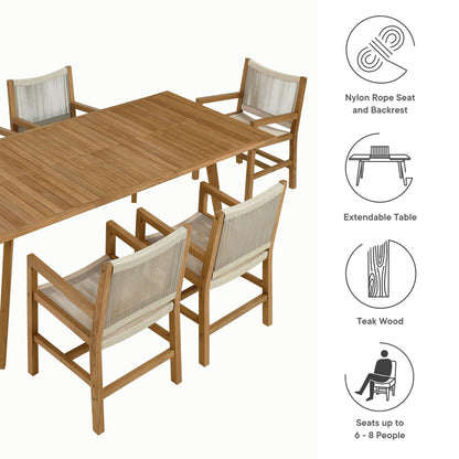 Vienna 7-Piece Outdoor Patio Teak and Rope Dining Set with Armchairs in Natural by Modway (6929)