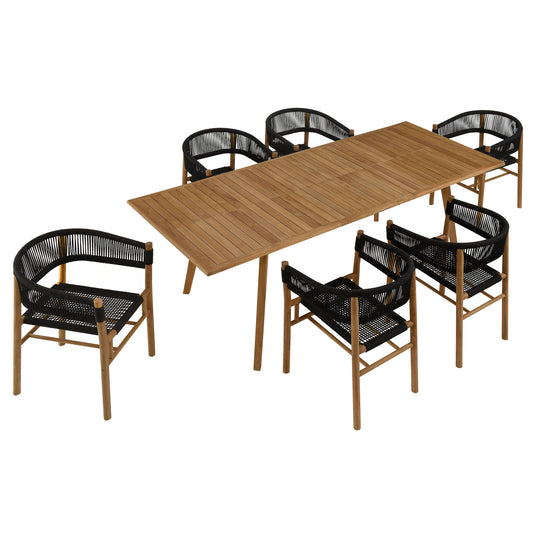 Vienna 7-Piece Outdoor Patio Teak and Rope Dining Set with Curved-Back Armchairs in Natural Black by Modway (6930)