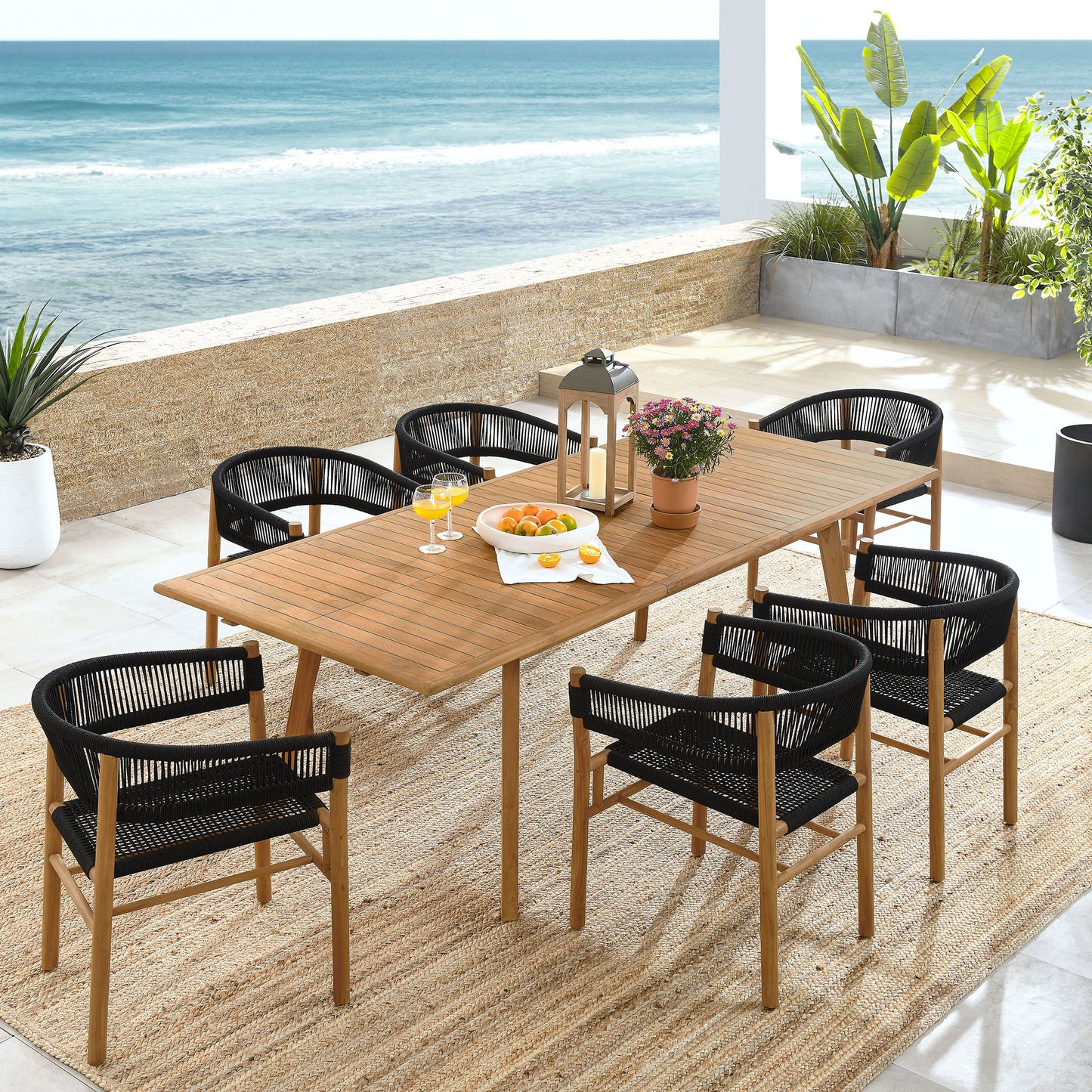 Vienna 7-Piece Outdoor Patio Teak and Rope Dining Set with Curved-Back Armchairs in Natural Black by Modway (6930)