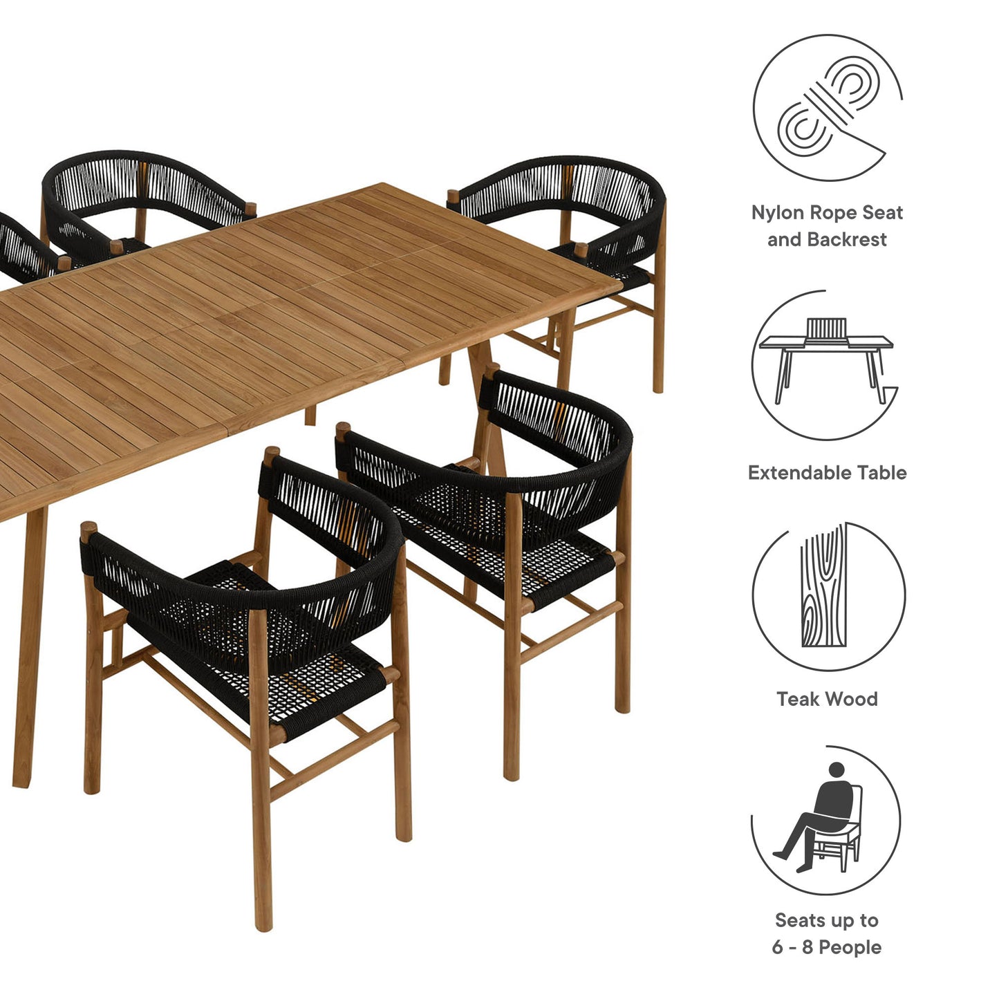 Vienna 7-Piece Outdoor Patio Teak and Rope Dining Set with Curved-Back Armchairs in Natural Black by Modway (6930)