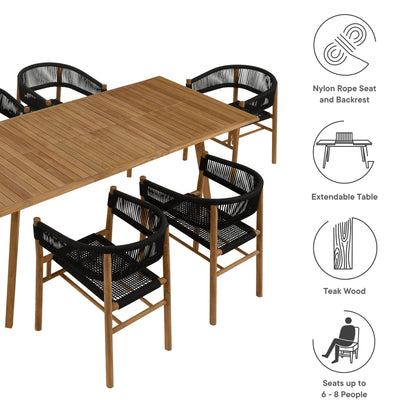 Vienna 7-Piece Outdoor Patio Teak and Rope Dining Set with Curved-Back Armchairs in Natural Black by Modway (6930)