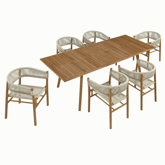 Vienna 7-Piece Outdoor Patio Teak and Rope Dining Set with Curved-Back Armchairs in Natural by Modway (6930)