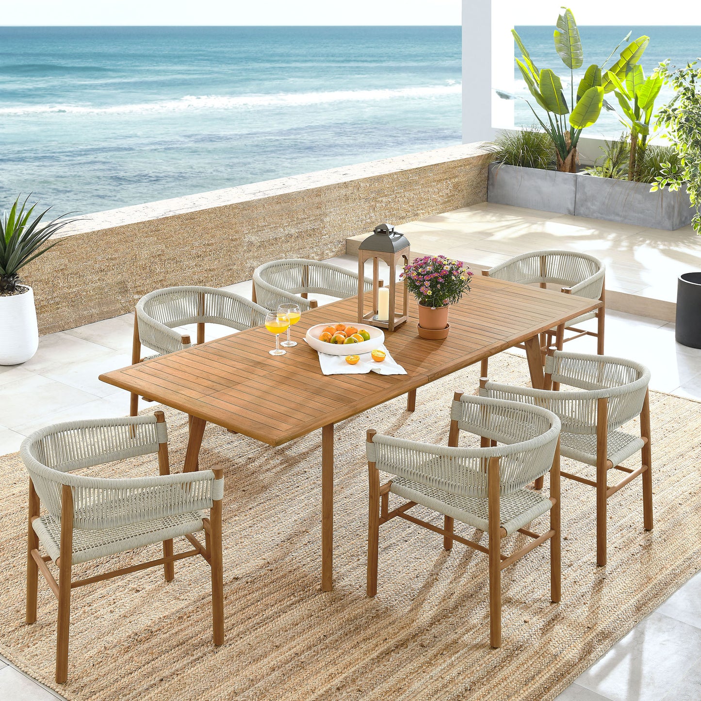 Vienna 7-Piece Outdoor Patio Teak and Rope Dining Set with Curved-Back Armchairs in Natural by Modway (6930)