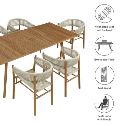 Vienna 7-Piece Outdoor Patio Teak and Rope Dining Set with Curved-Back Armchairs in Natural by Modway (6930)