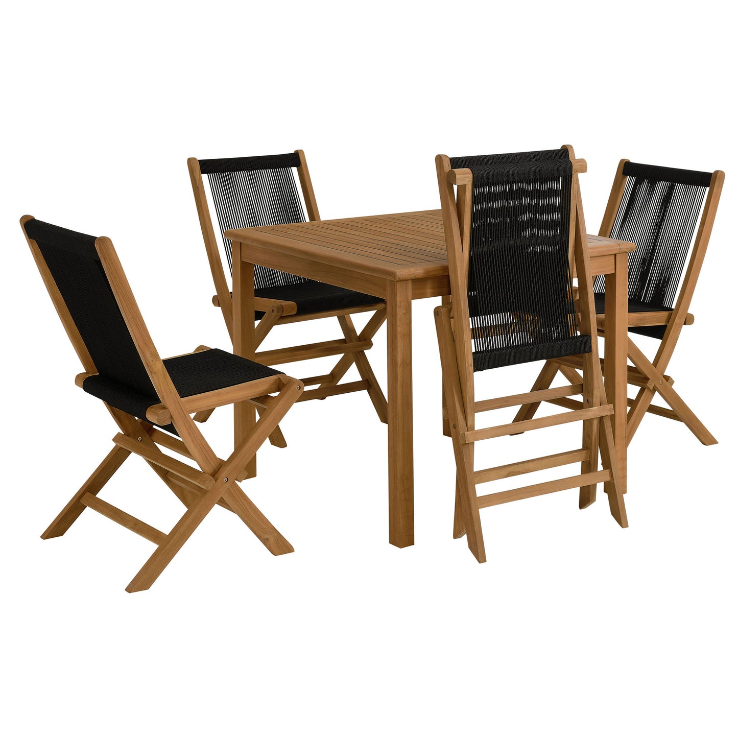 Vienna 5-Piece Outdoor Patio Teak Wood Dining Set with Rope Folding Chairs in Natural Black by Modway (6932)