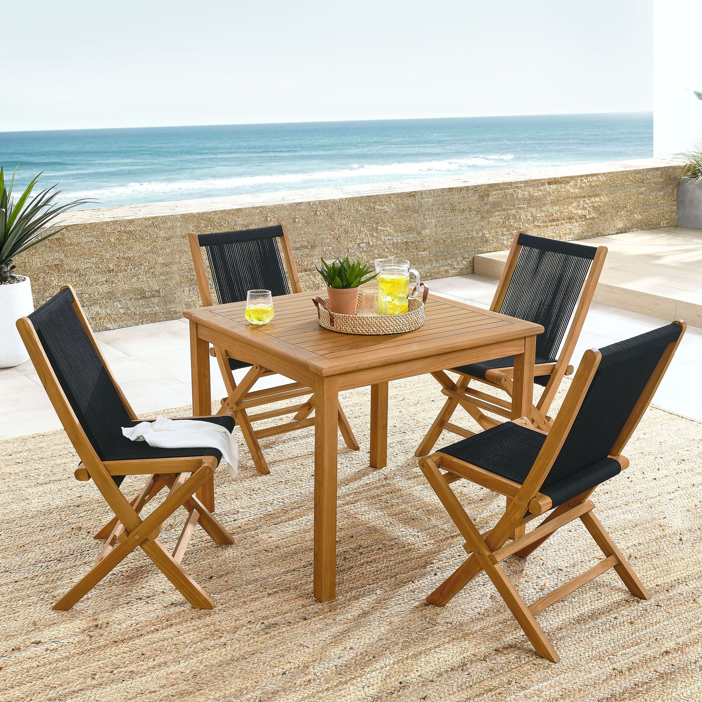 Vienna 5-Piece Outdoor Patio Teak Wood Dining Set with Rope Folding Chairs in Natural Black by Modway (6932)