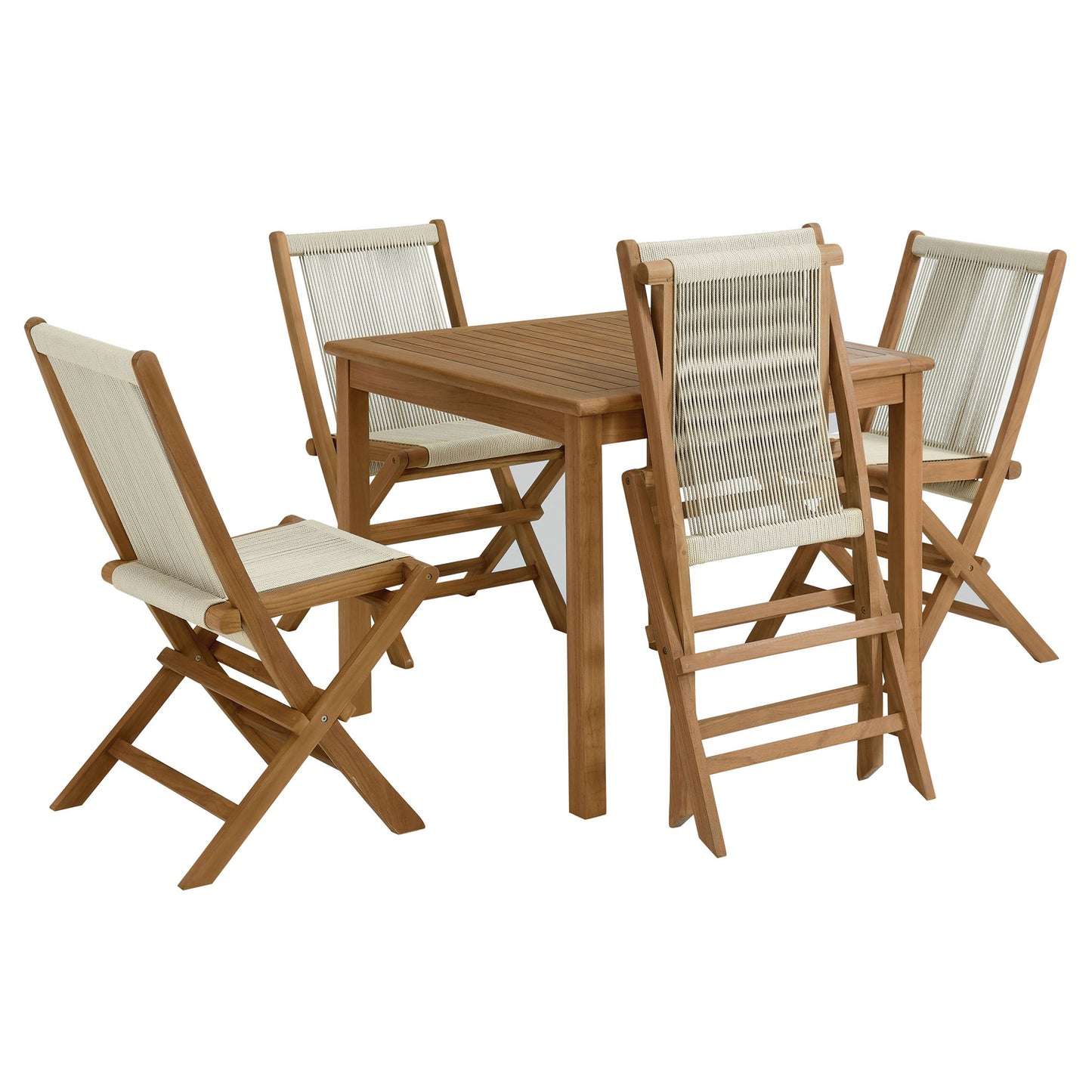 Vienna 5-Piece Outdoor Patio Teak Wood Dining Set with Rope Folding Chairs in Natural by Modway (6932)