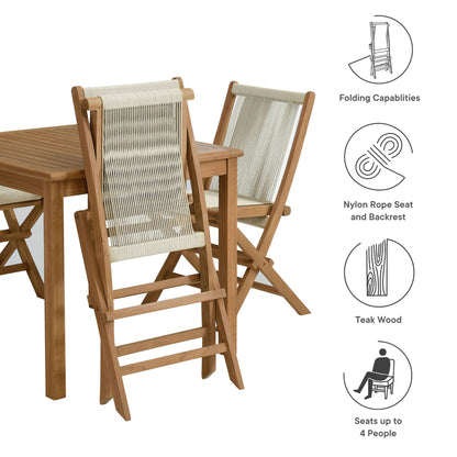 Vienna 5-Piece Outdoor Patio Teak Wood Dining Set with Rope Folding Chairs in Natural by Modway (6932)