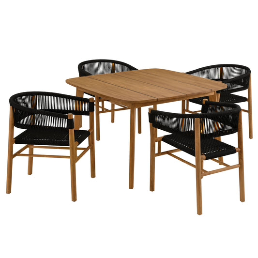 Vienna 5-Piece Outdoor Patio Teak and Rope Dining Set with Curved-Back Armchairs in Natural Black by Modway (6933)