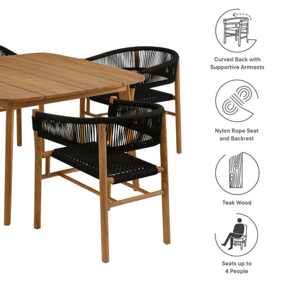 Vienna 5-Piece Outdoor Patio Teak and Rope Dining Set with Curved-Back Armchairs in Natural Black by Modway (6933)