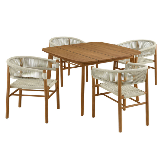 Vienna 5-Piece Outdoor Patio Teak and Rope Dining Set with Curved-Back Armchairs in Natural by Modway (6933)