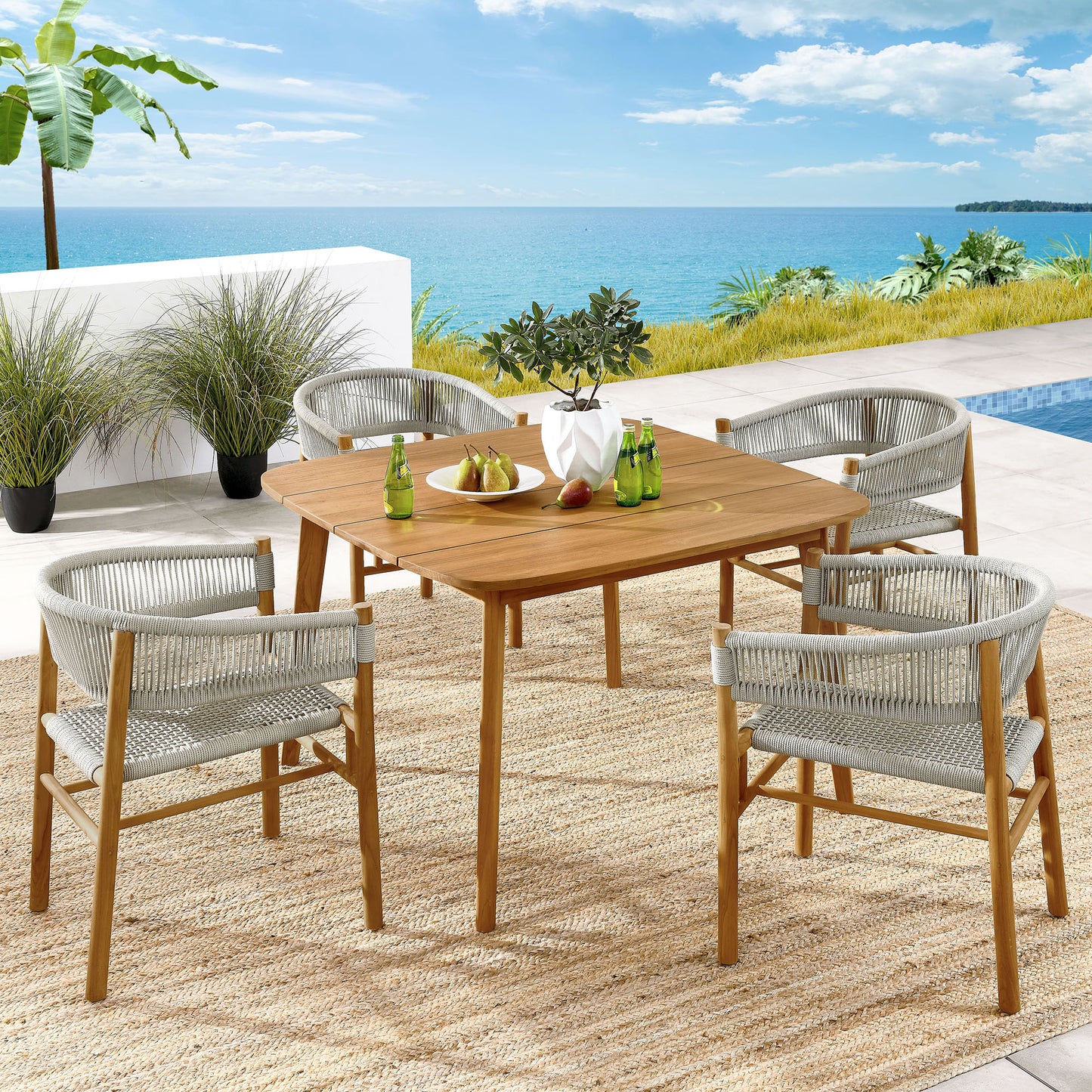 Vienna 5-Piece Outdoor Patio Teak and Rope Dining Set with Curved-Back Armchairs in Natural by Modway (6933)