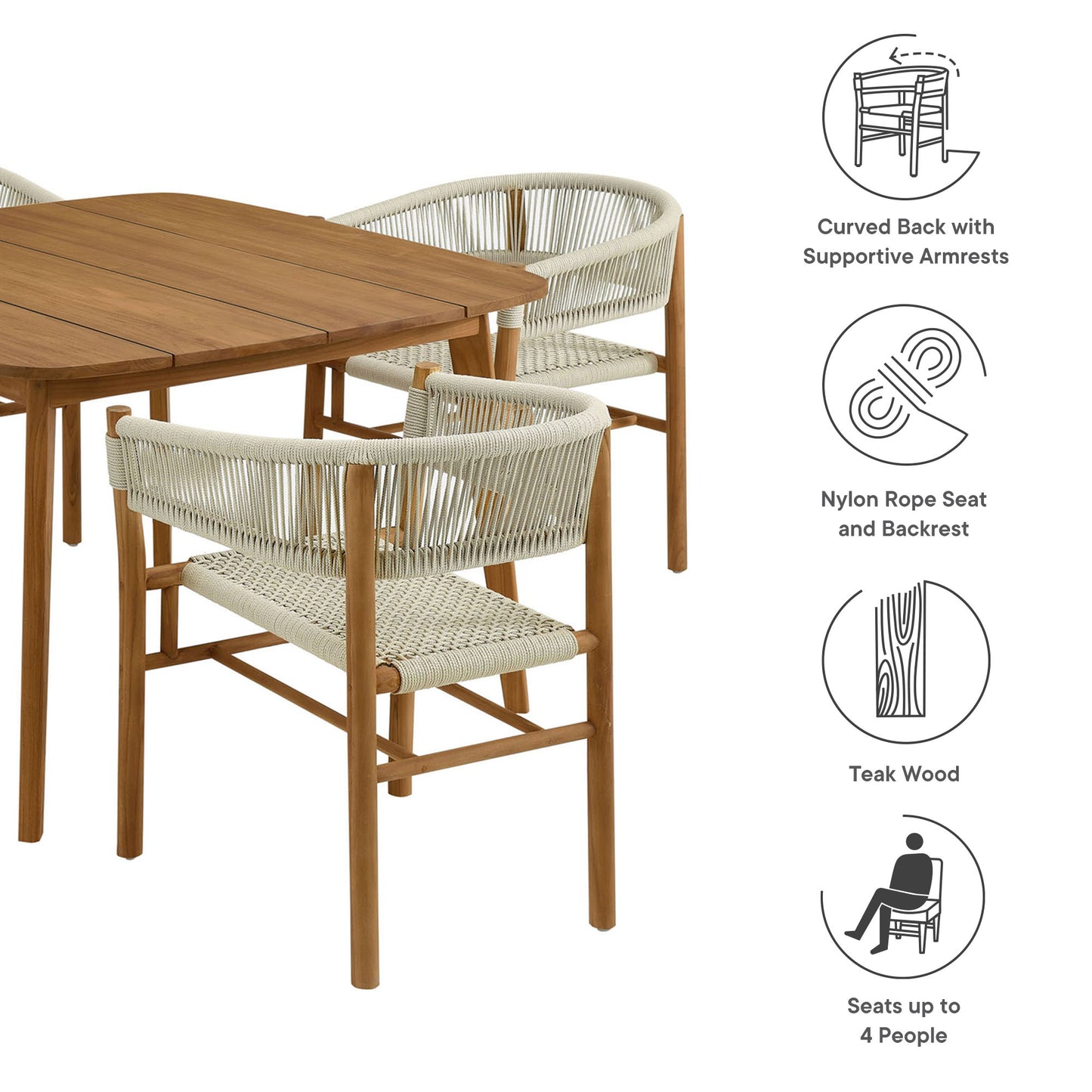 Vienna 5-Piece Outdoor Patio Teak and Rope Dining Set with Curved-Back Armchairs in Natural by Modway (6933)