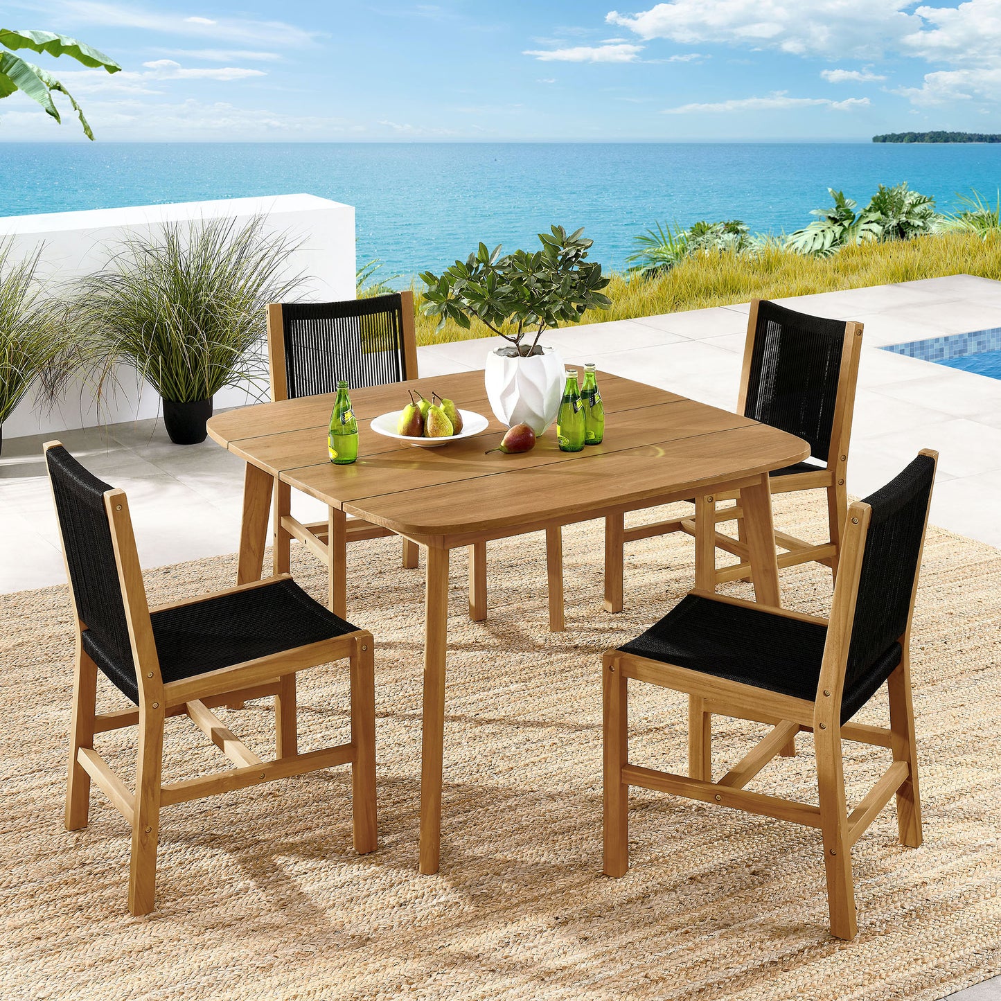 Vienna 5-Piece Outdoor Patio Teak and Rope Dining Set with Armless Chairs in Natural Black by Modway (6934)