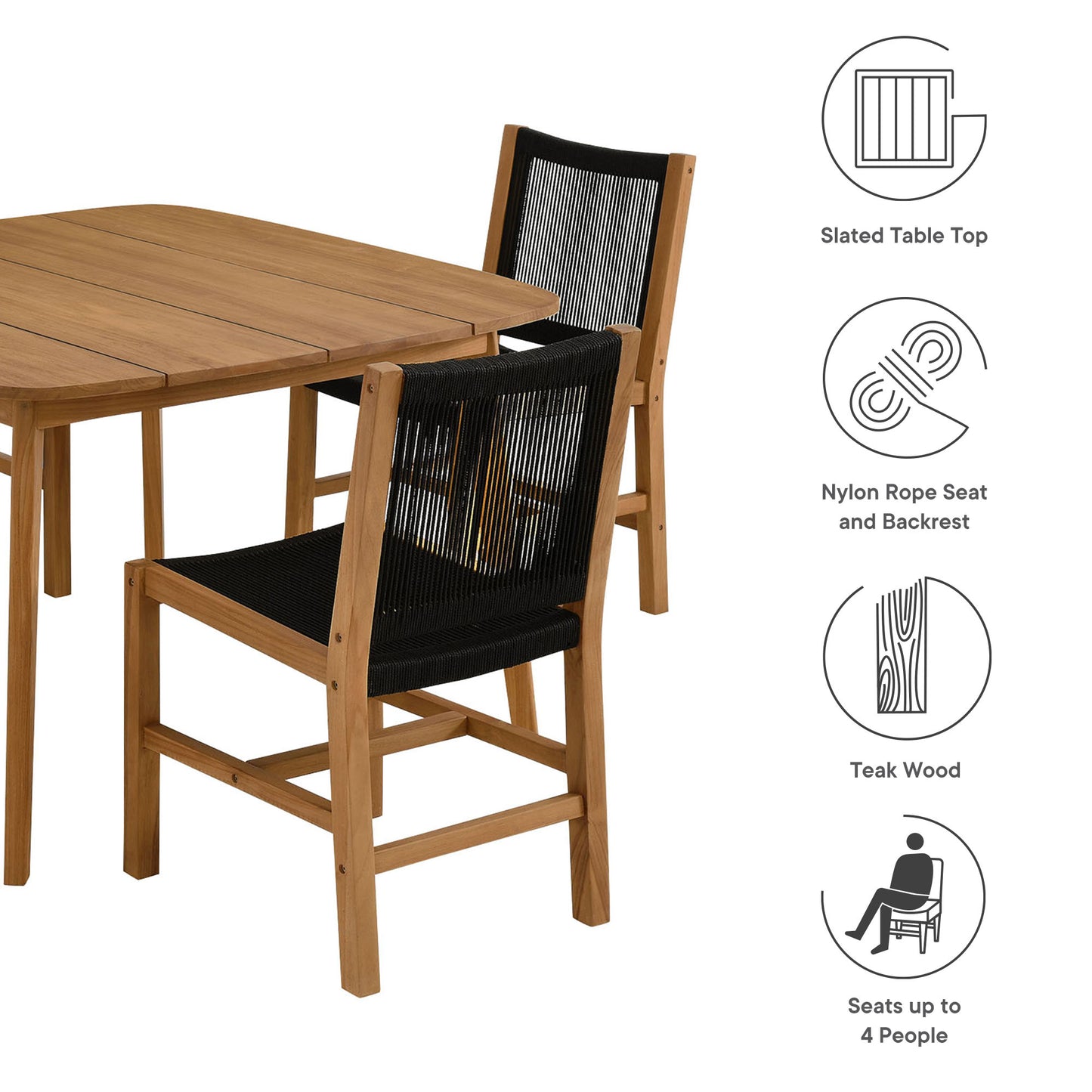 Vienna 5-Piece Outdoor Patio Teak and Rope Dining Set with Armless Chairs in Natural Black by Modway (6934)