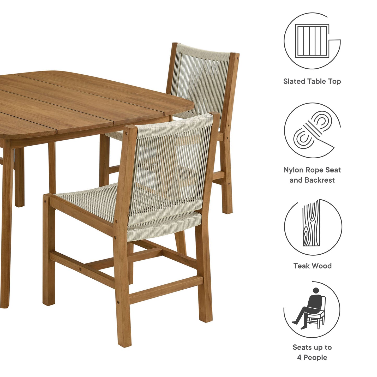 Vienna 5-Piece Outdoor Patio Teak and Rope Dining Set with Armless Chairs in Natural by Modway (6934)