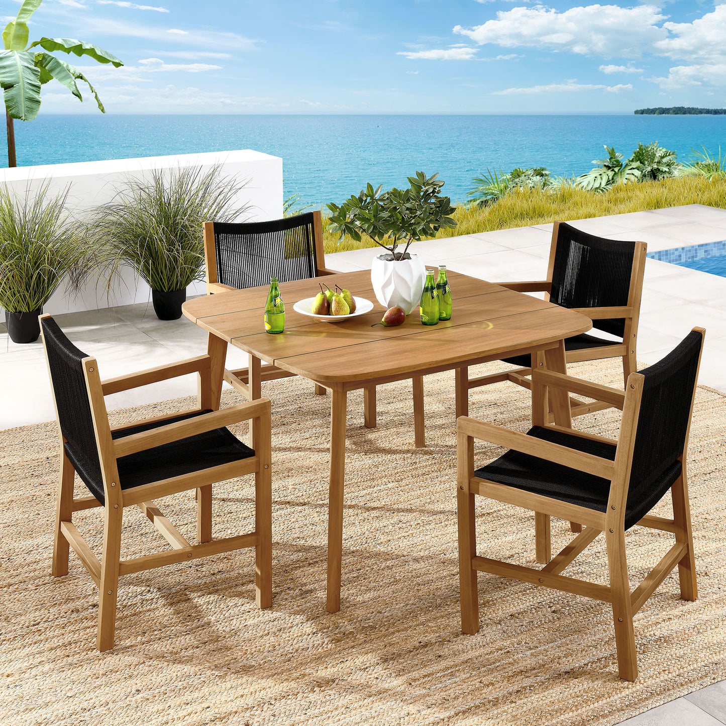 Vienna 5-Piece Outdoor Patio Teak and Rope Dining Set with Armchairs in Natural Black by Modway (6935)