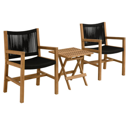 Vienna 3-Piece Outdoor Patio Teak and Rope Armchairs with Folding Side Table in Natural Black by Modway (6936)