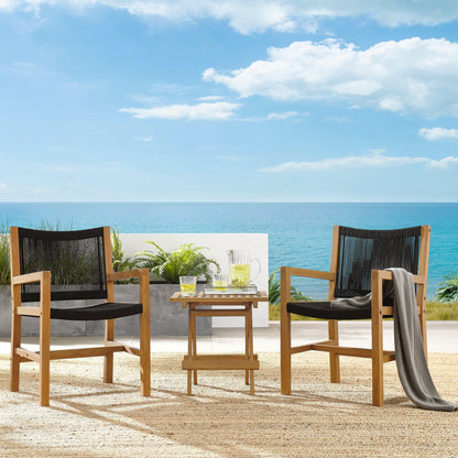 Vienna 3-Piece Outdoor Patio Teak and Rope Armchairs with Folding Side Table in Natural Black by Modway (6936)