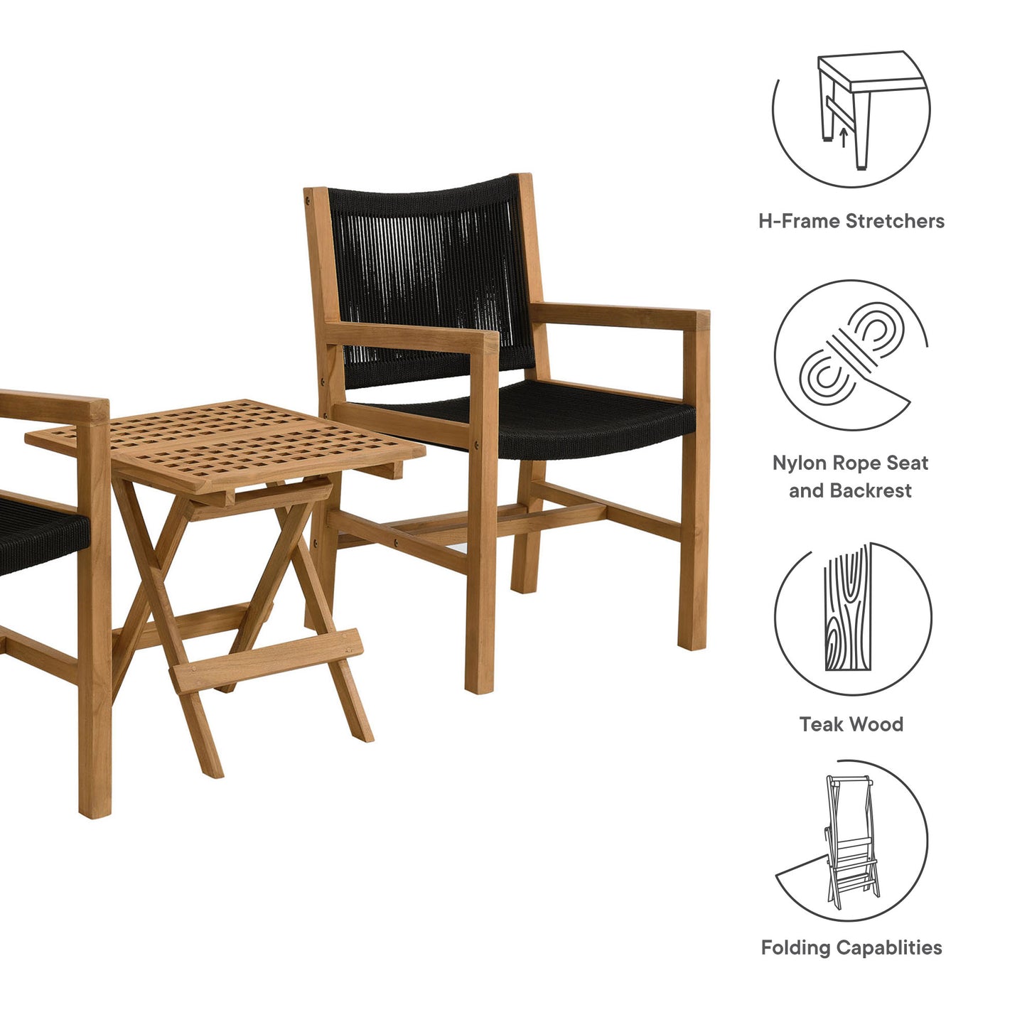 Vienna 3-Piece Outdoor Patio Teak and Rope Armchairs with Folding Side Table in Natural Black by Modway (6936)