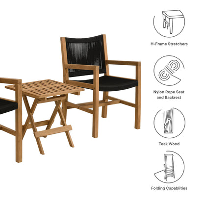 Vienna 3-Piece Outdoor Patio Teak and Rope Armchairs with Folding Side Table in Natural Black by Modway (6936)