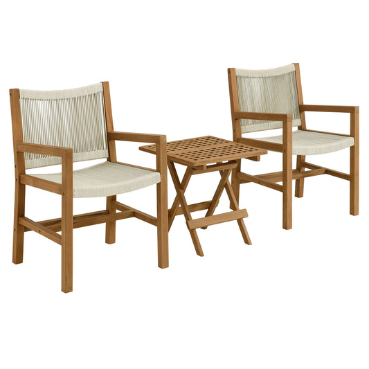 Vienna 3-Piece Outdoor Patio Teak and Rope Armchairs with Folding Side Table in Natural by Modway (6936)