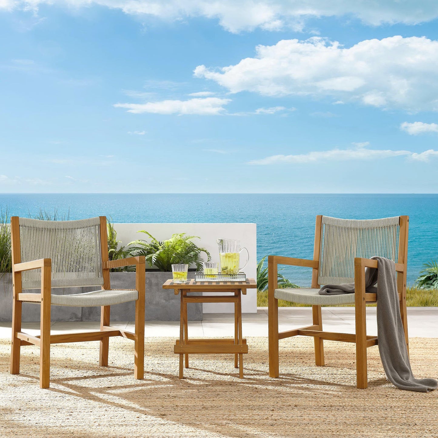 Vienna 3-Piece Outdoor Patio Teak and Rope Armchairs with Folding Side Table in Natural by Modway (6936)