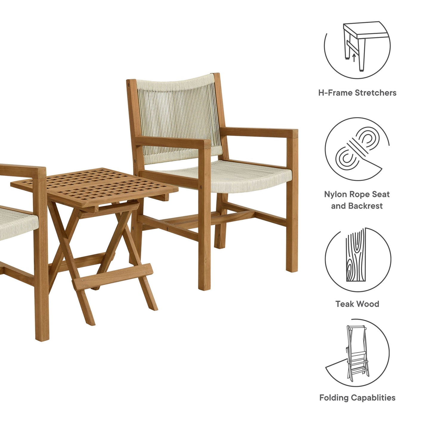 Vienna 3-Piece Outdoor Patio Teak and Rope Armchairs with Folding Side Table in Natural by Modway (6936)