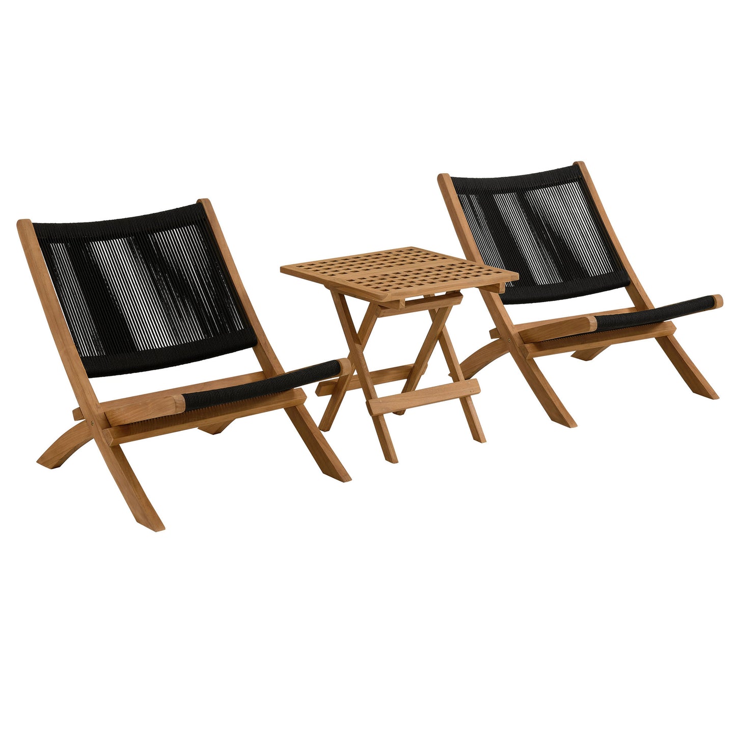 Vienna 3-Piece Outdoor Patio Teak and Rope Folding Lounge Chairs and Side Table in Natural Black by Modway (6937)
