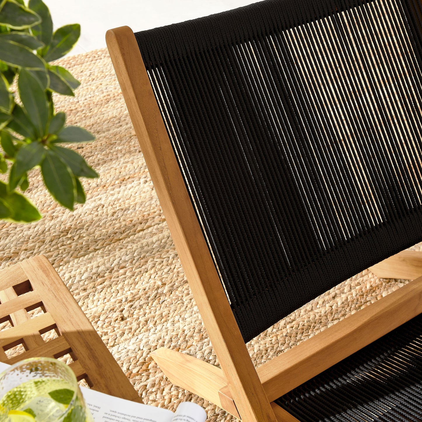 Vienna 3-Piece Outdoor Patio Teak and Rope Folding Lounge Chairs and Side Table in Natural Black by Modway (6937)