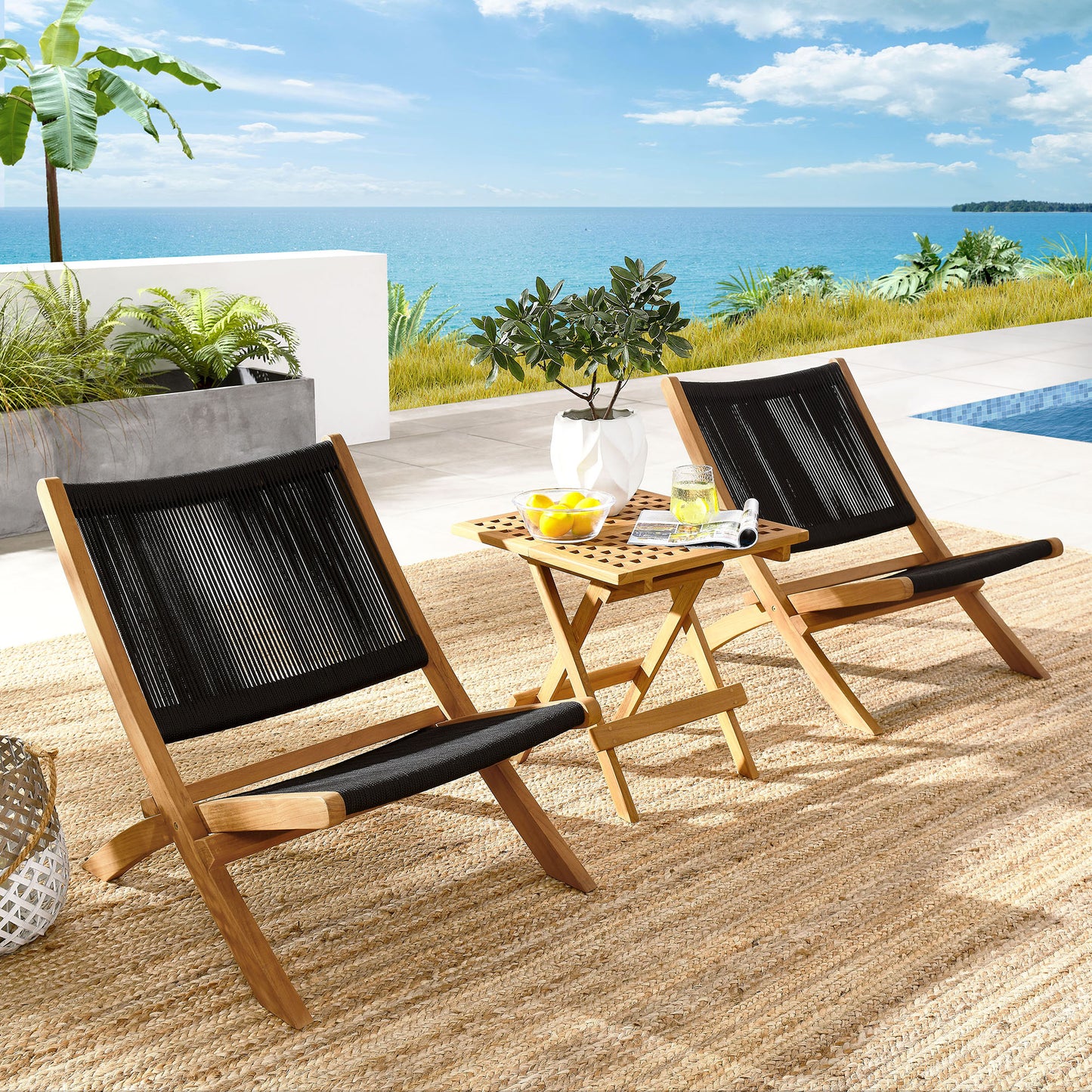 Vienna 3-Piece Outdoor Patio Teak and Rope Folding Lounge Chairs and Side Table in Natural Black by Modway (6937)