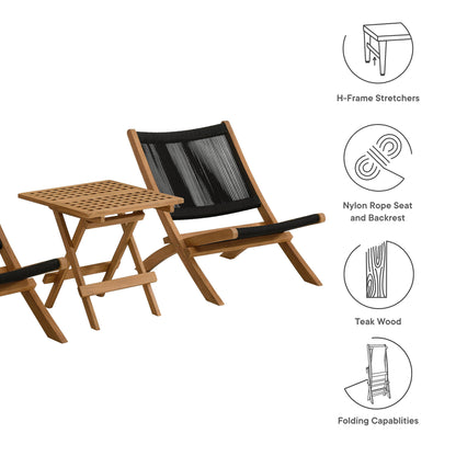 Vienna 3-Piece Outdoor Patio Teak and Rope Folding Lounge Chairs and Side Table in Natural Black by Modway (6937)