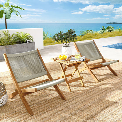 Vienna 3-Piece Outdoor Patio Teak and Rope Folding Lounge Chairs and Side Table in Natural by Modway (6937)