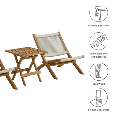 Vienna 3-Piece Outdoor Patio Teak and Rope Folding Lounge Chairs and Side Table in Natural by Modway (6937)