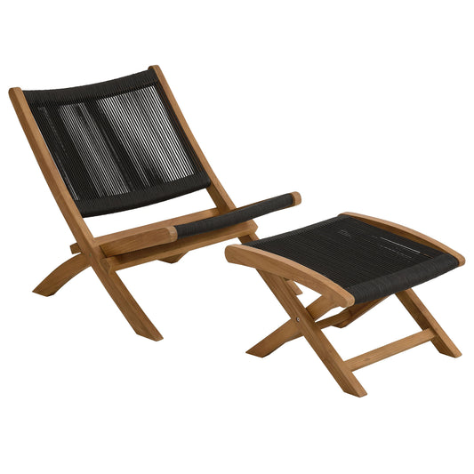 Vienna 2-Piece Outdoor Patio Teak and Rope Folding Accent Lounge Chair and Ottoman Set in Natural Black by Modway (6938)