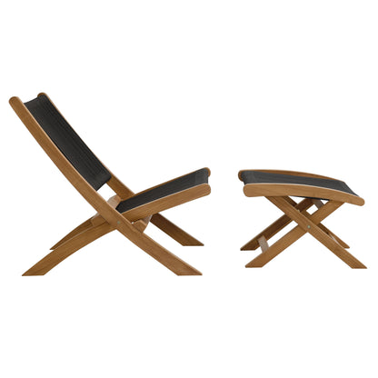 Vienna 2-Piece Outdoor Patio Teak and Rope Folding Accent Lounge Chair and Ottoman Set in Natural Black by Modway (6938)